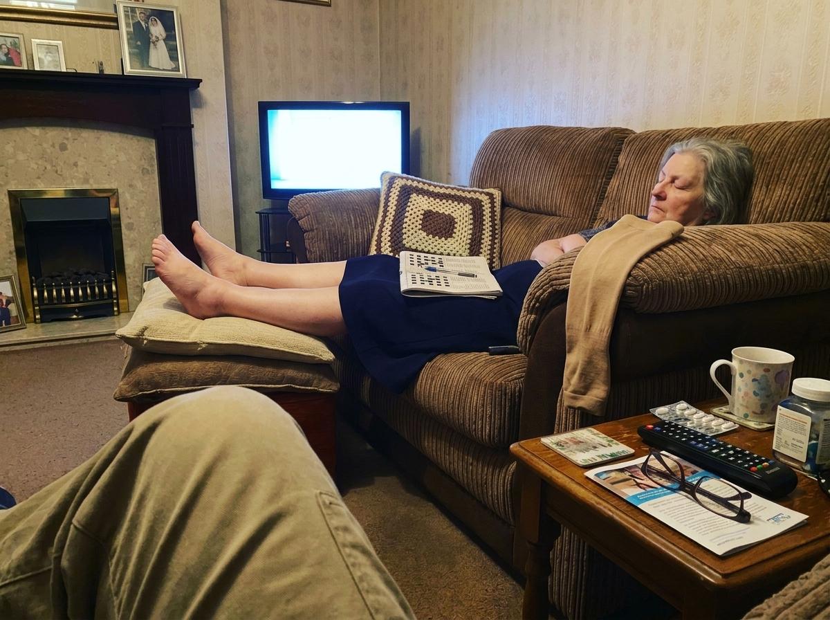 Woman resting on a sofa with her legs elevated.